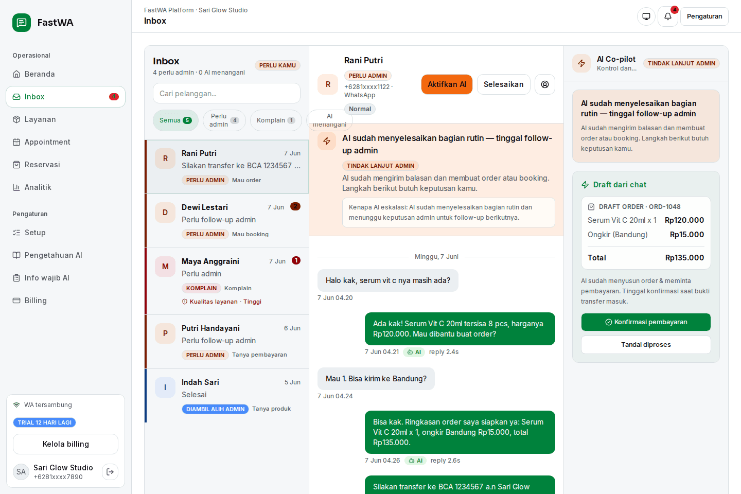 Screenshot dashboard adminku.ai yang menampilkan inbox WhatsApp, draft order, dan panel AI Co-pilot untuk ambil alih admin.