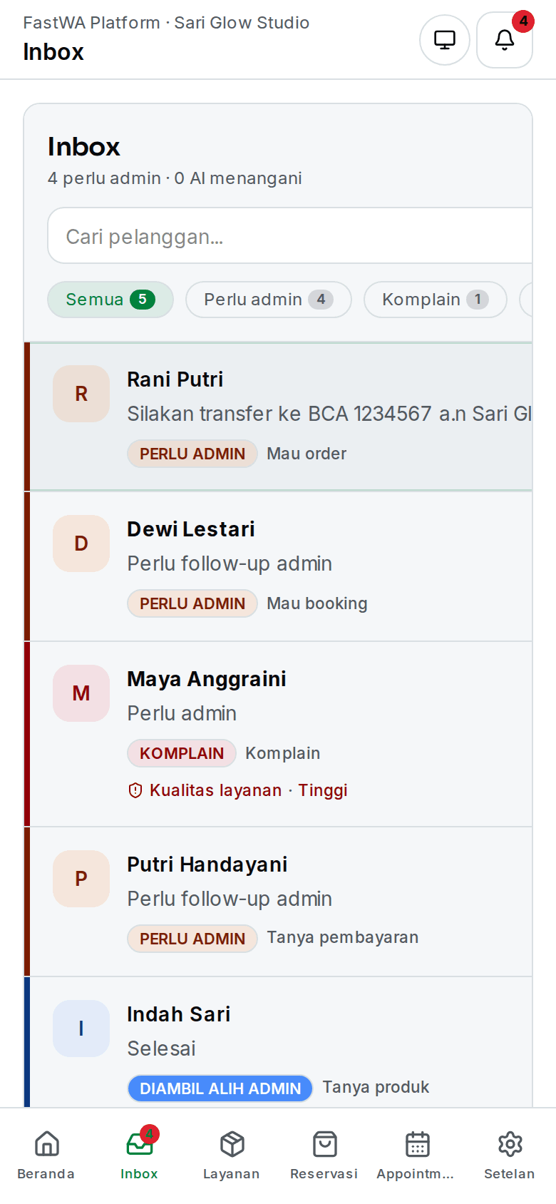 Screenshot mobile dashboard adminku.ai yang menampilkan daftar chat WhatsApp yang perlu admin.